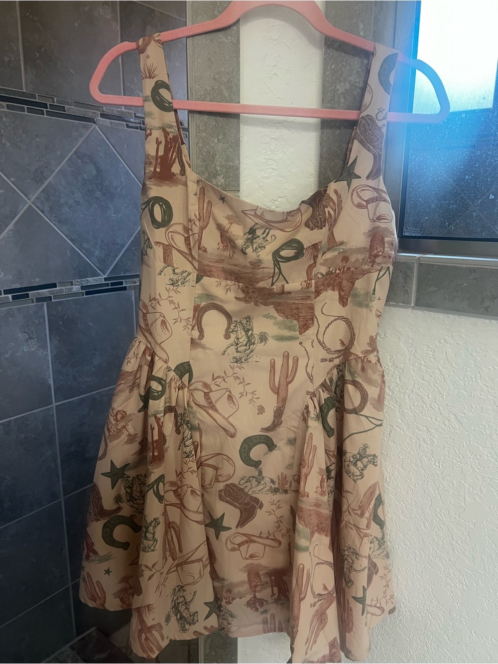 Western Print Mini Dress in Beige